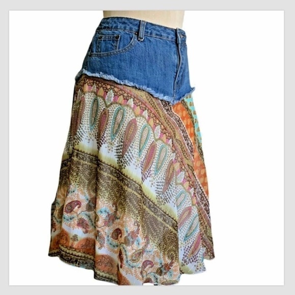 BOHO Mixed Media Denim Patchwork Midi Skirt Sz 11 by Star City #232A - Picture 3 of 7